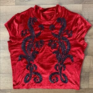Free People Size Large Velvet Red Top Sequins Cap Sleeve Whimsigoth Sexy Backing